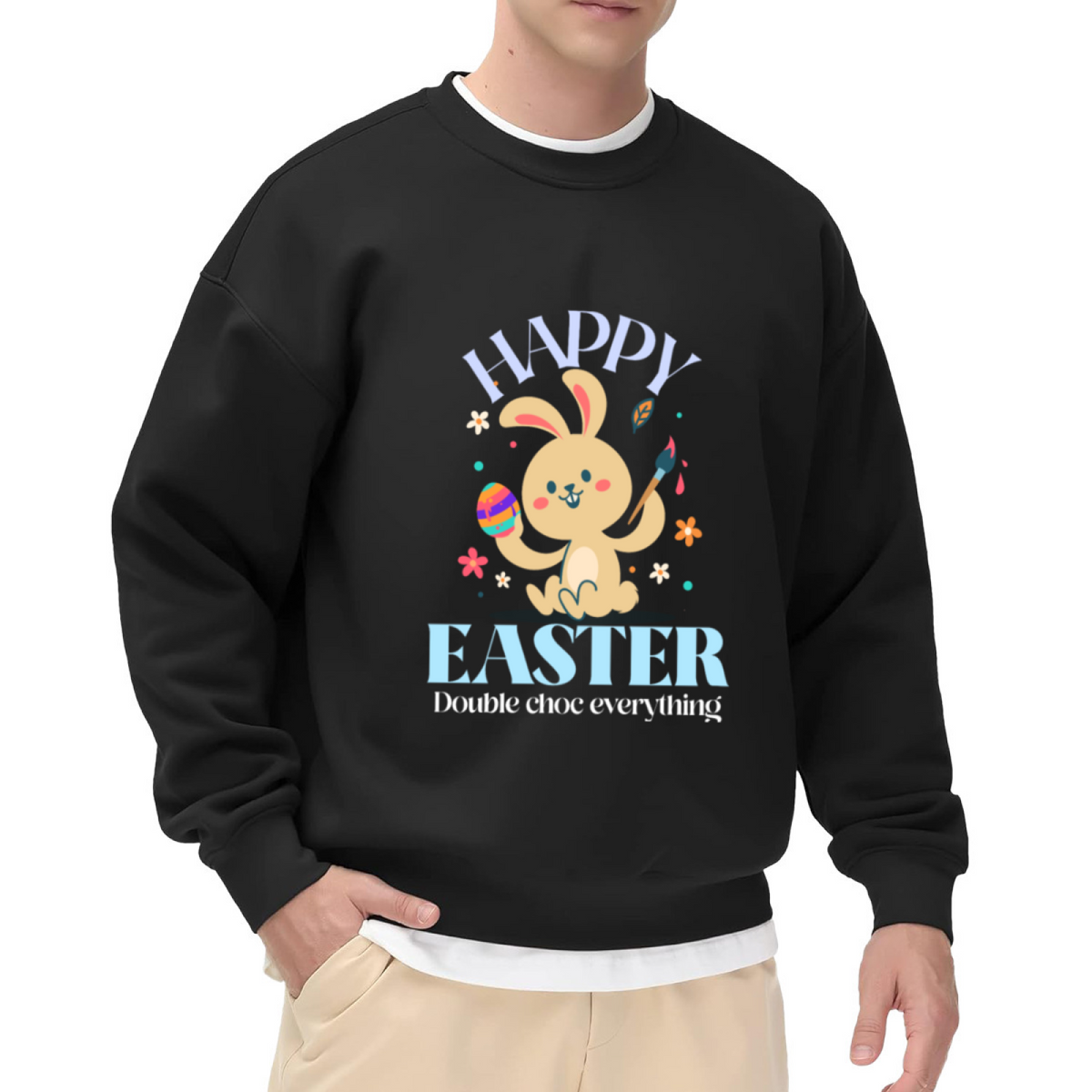 Happy Easter Bunny Painting Eggs Sweatshirt | Cute Cartoon Rabbit with Paintbrush Graphic Crewneck, Spring Holiday Pullover Top, Festive Gift for Women Men
