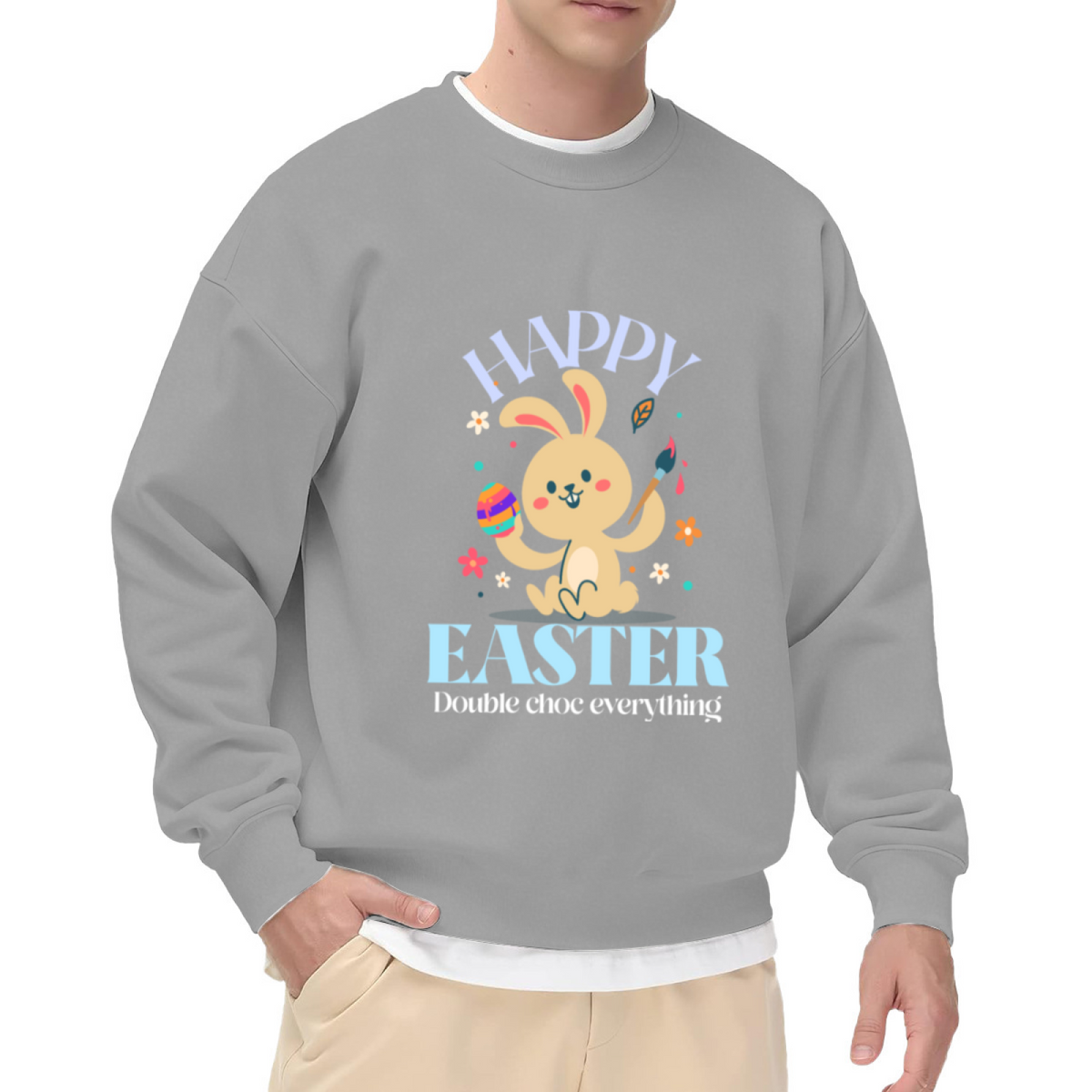 Happy Easter Bunny Painting Eggs Sweatshirt | Cute Cartoon Rabbit with Paintbrush Graphic Crewneck, Spring Holiday Pullover Top, Festive Gift for Women Men