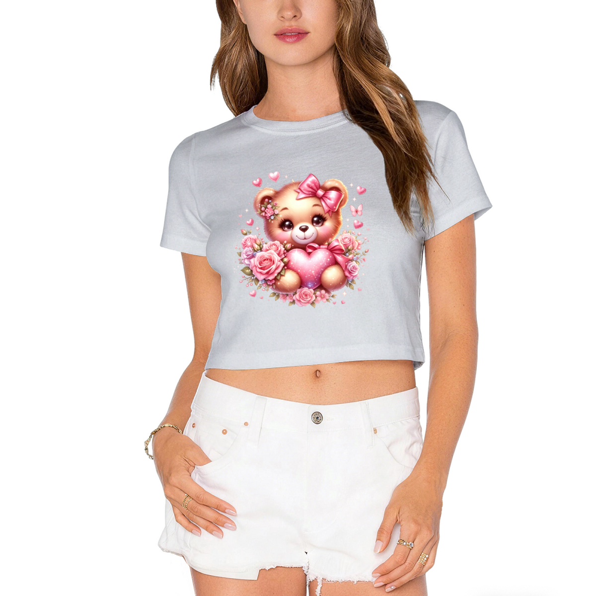 Cute Rose Bear Sweet Pink Crop Top