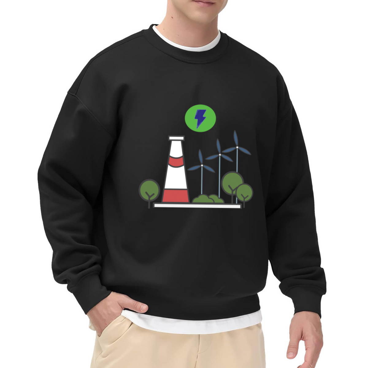 Clean Energy Sweatshirt | Wind Turbine Power Tower Graphic Crewneck, Eco Friendly Green Energy Pullover Top, Environmental Gift for Men Women