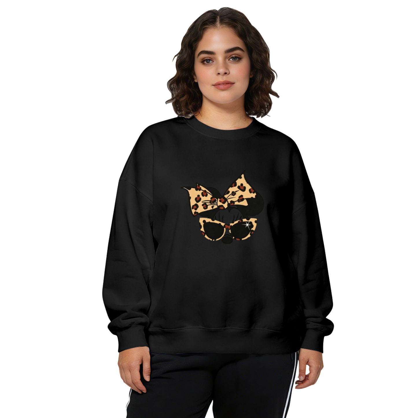 Leopard Print Bow Minnie Mouse Sunglasses Crewneck Sweatshirt