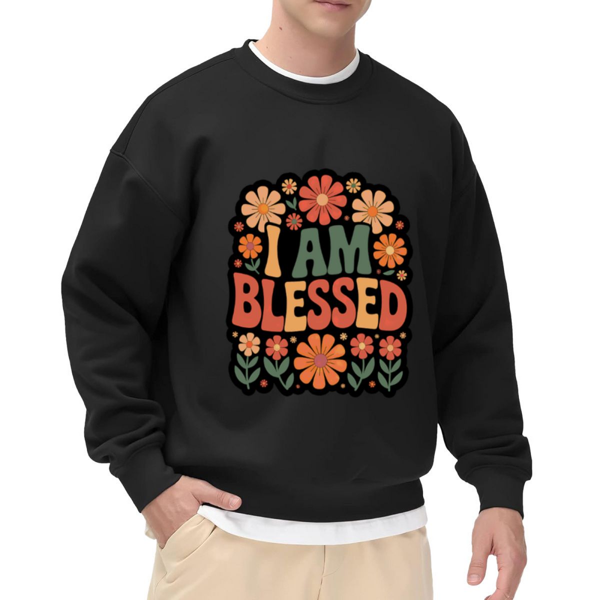 I Am Blessed Sweatshirt | Retro 70s Floral Graphic Crewneck, Hippie Flower Pullover Top, Positive Affirmation Gift for Women Men