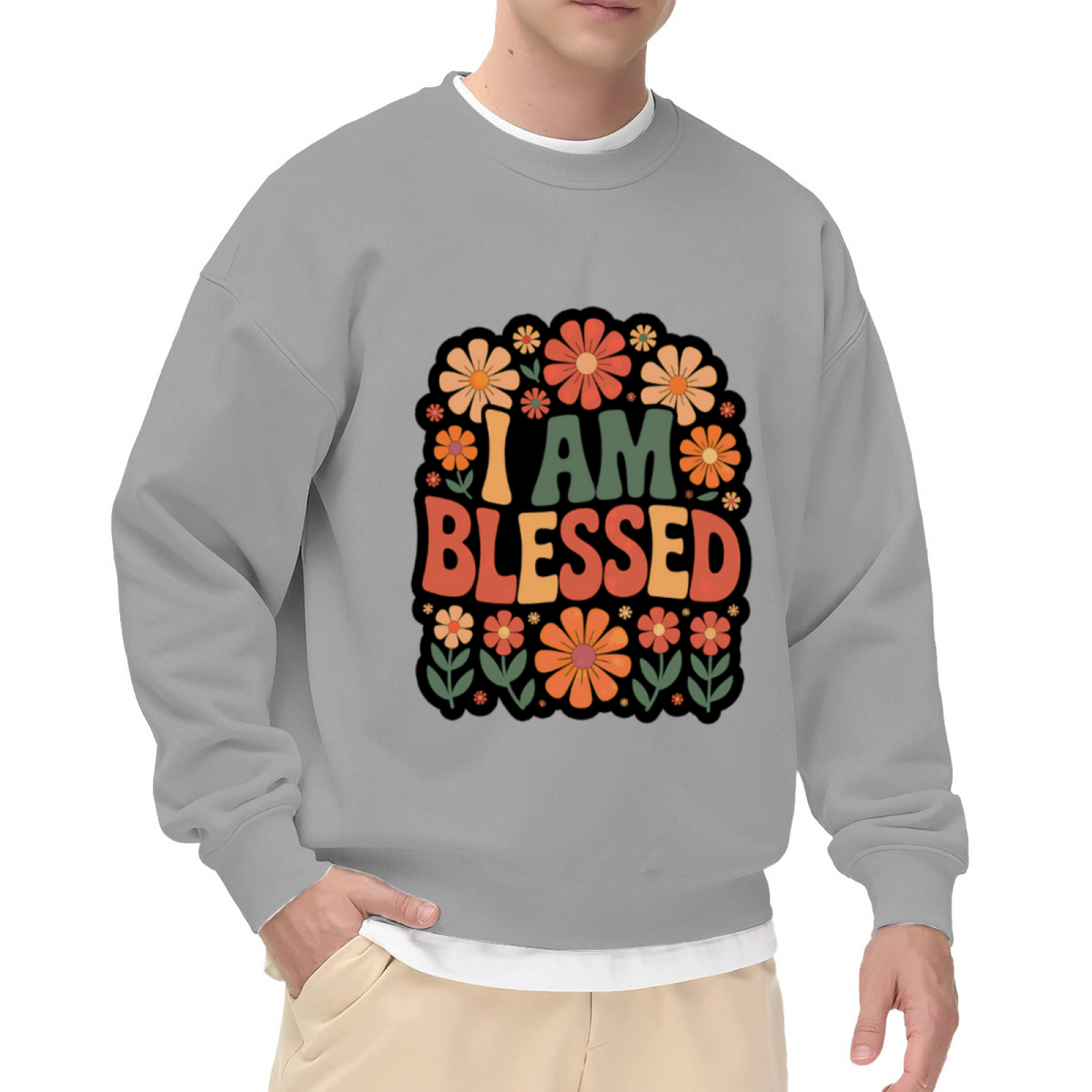 I Am Blessed Sweatshirt | Retro 70s Floral Graphic Crewneck, Hippie Flower Pullover Top, Positive Affirmation Gift for Women Men