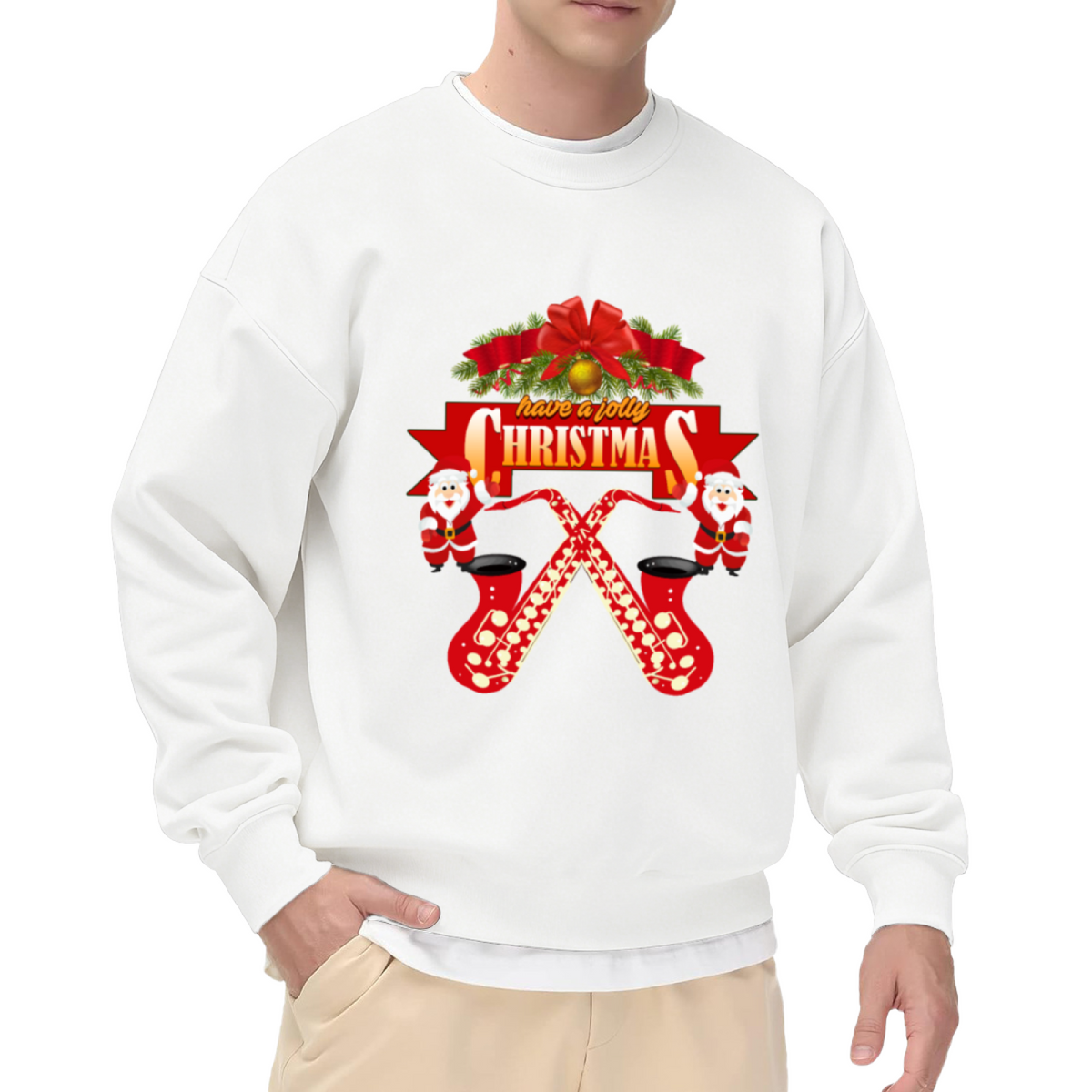Have A Jolly Christmas Saxophone Santa Crewneck Sweatshirt | Festive Music Lover Pullover, Funny Christmas Graphic Top, Holiday Gift