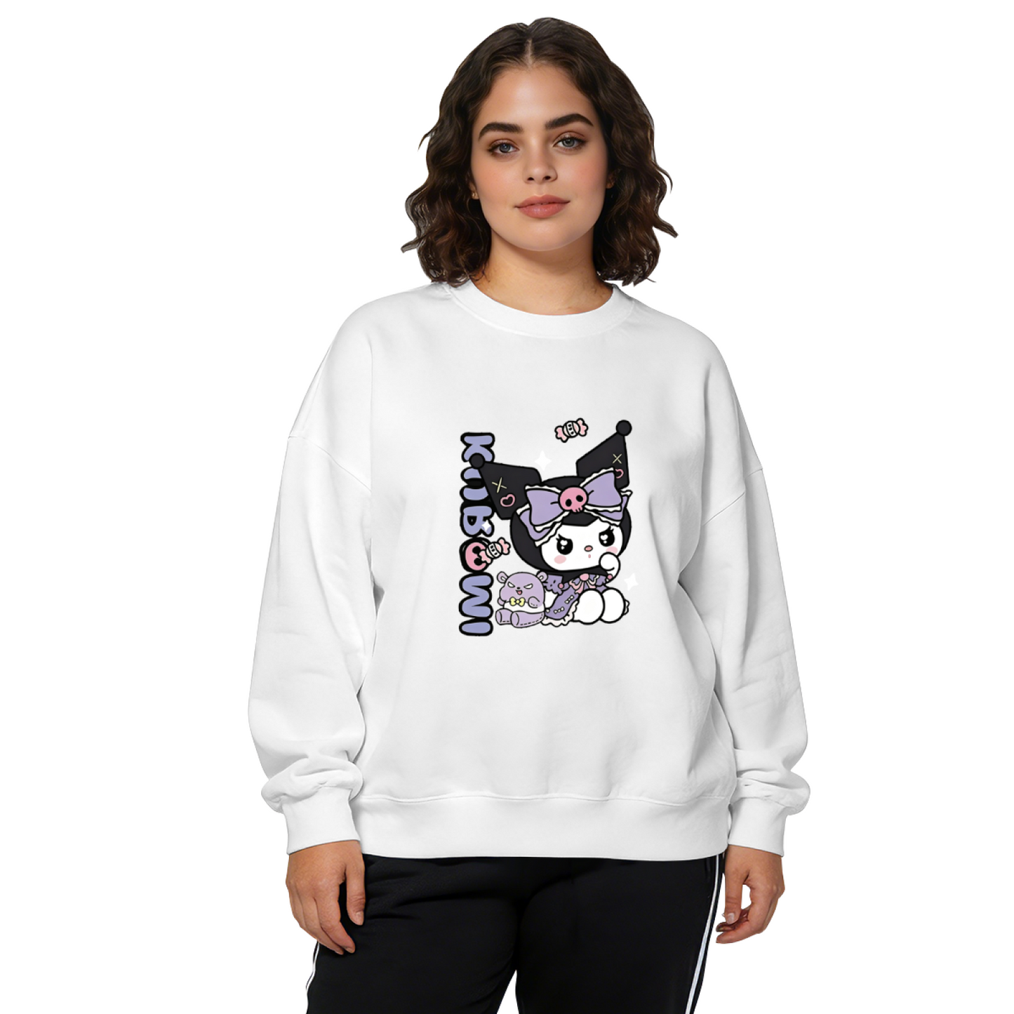 Edgy Dark Kuromi Character Print Black Crewneck Sweatshirt