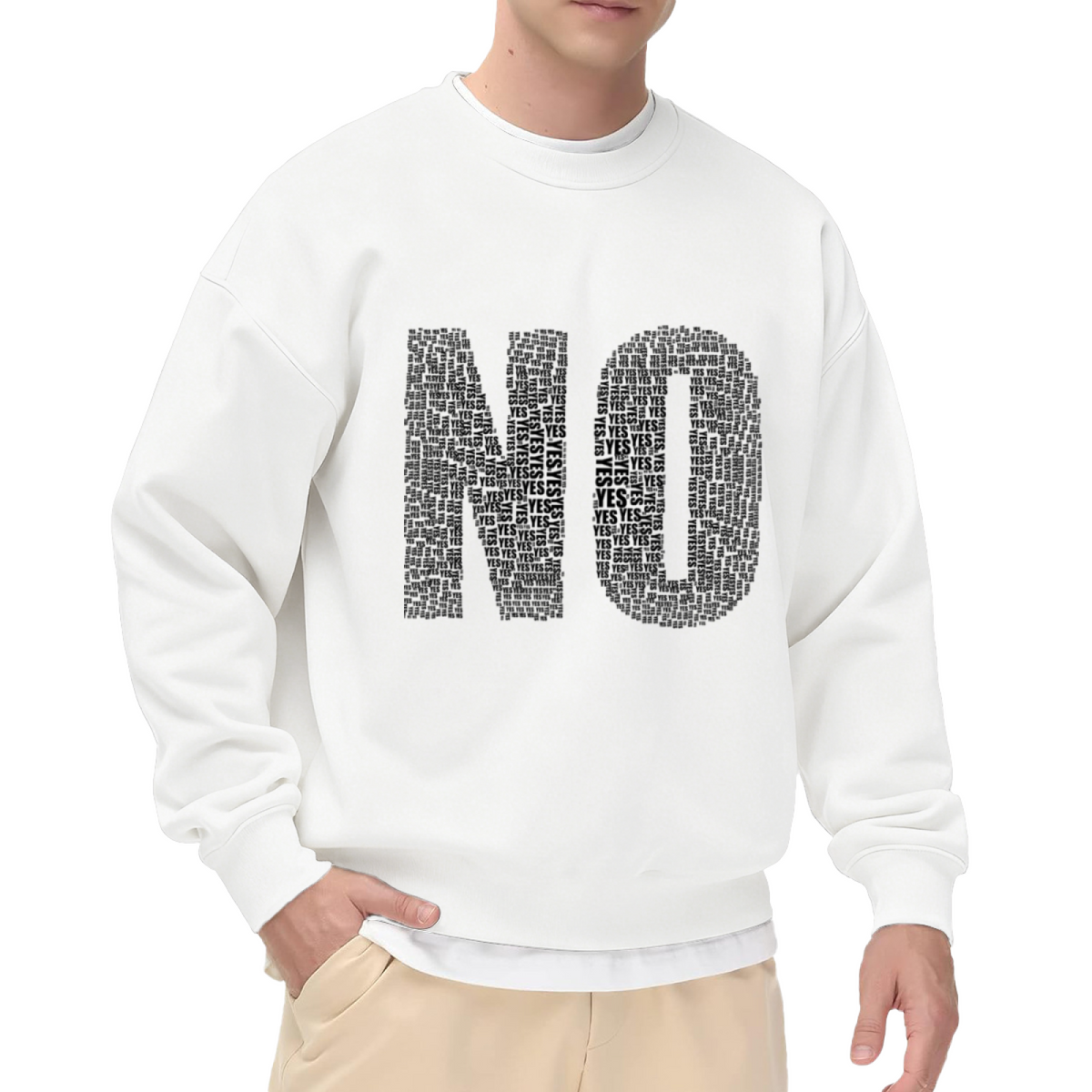 NO Made Of YES Typographic Word Art Crewneck Sweatshirt | Ironic Contradiction Graphic Pullover, Funny Streetwear Top