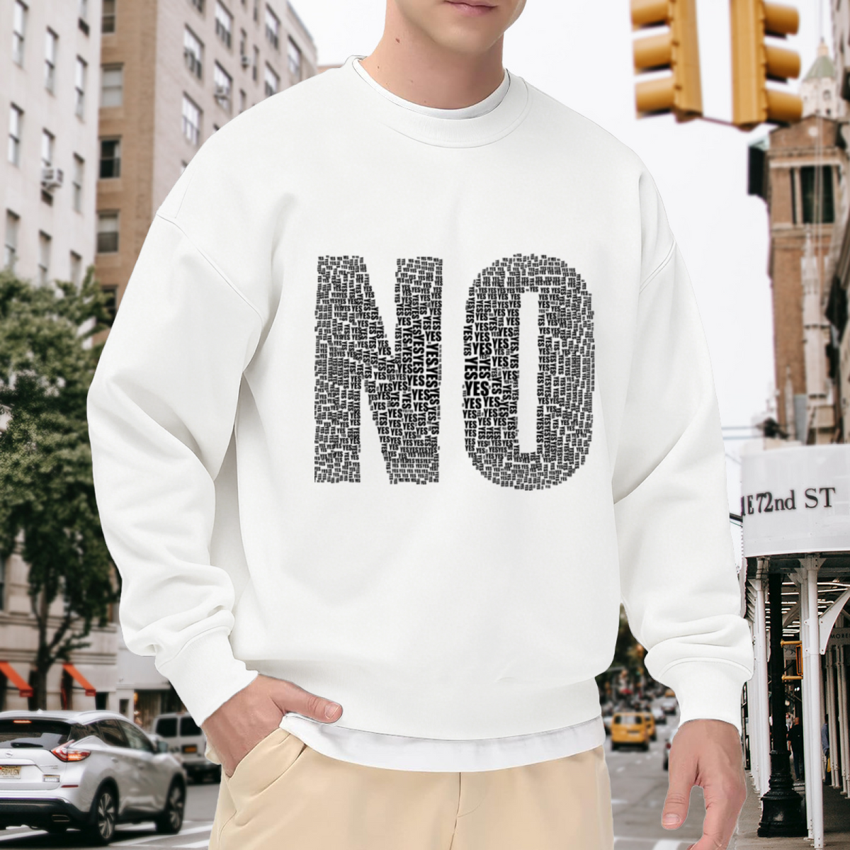 NO Made Of YES Typographic Word Art Crewneck Sweatshirt | Ironic Contradiction Graphic Pullover, Funny Streetwear Top