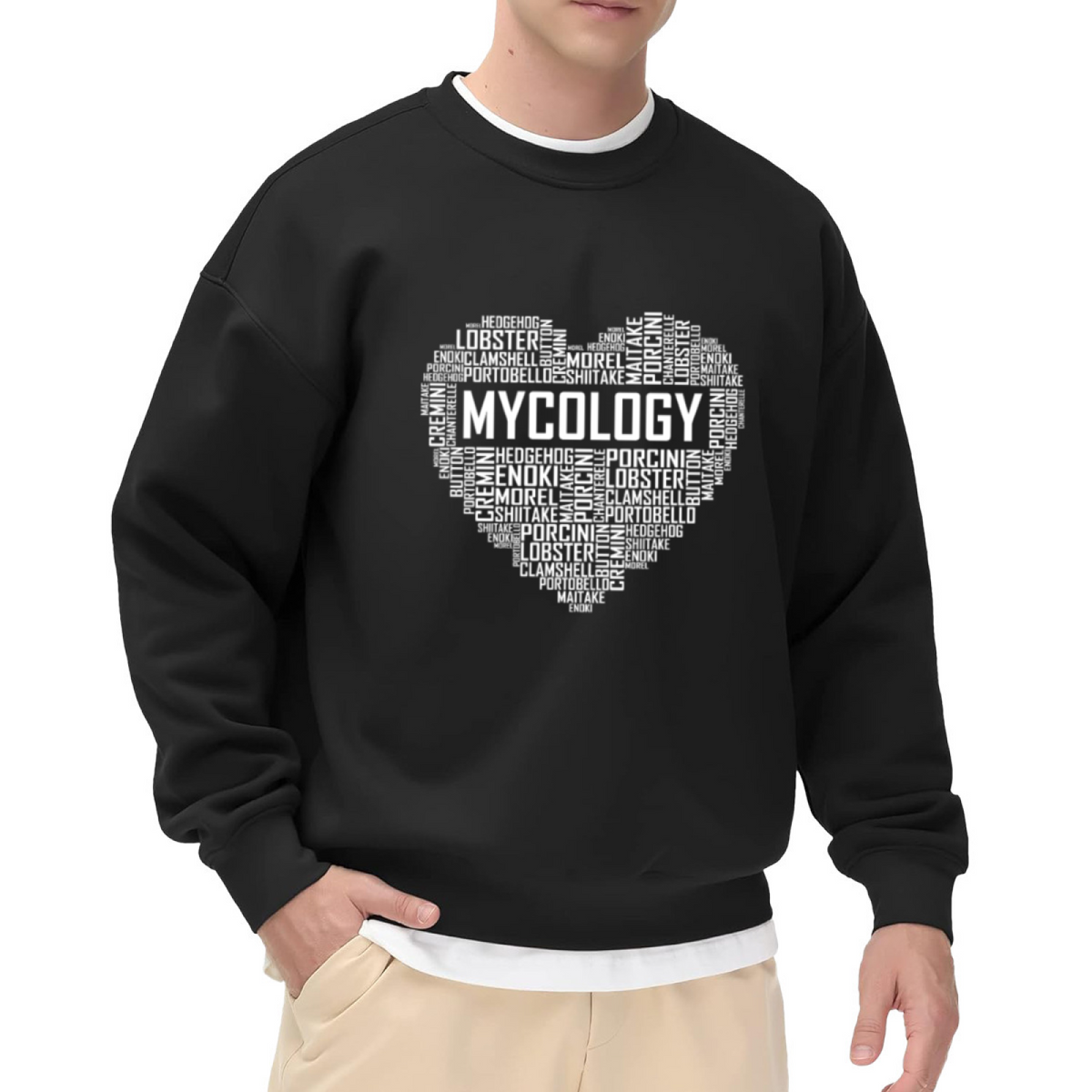 Mycology Mushroom Names Crewneck Sweatshirt - Fungi Lover Graphic Pullover, Mushroom Forager Gift, Botany Tee