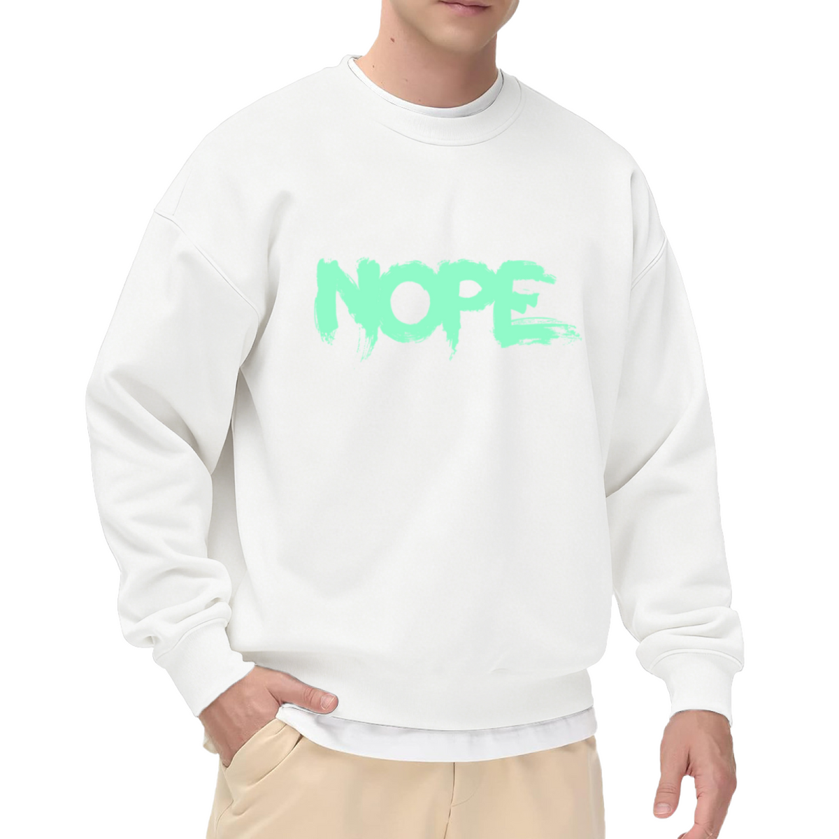 NOPE Brush Stroke Crewneck Sweatshirt | Minimalist Graffiti Lettering Pullover, Distressed Streetwear Top, Funny Mood Gift