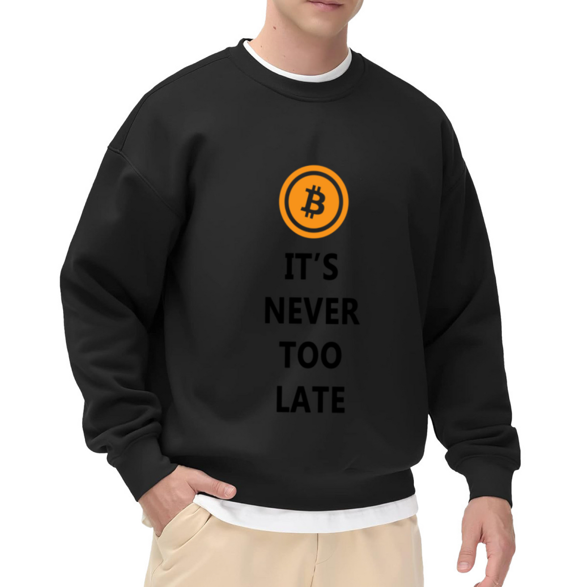 It's Never Too Late Bitcoin Logo Motivational Crewneck Sweatshirt | Crypto Investor Pullover, BTC Gift