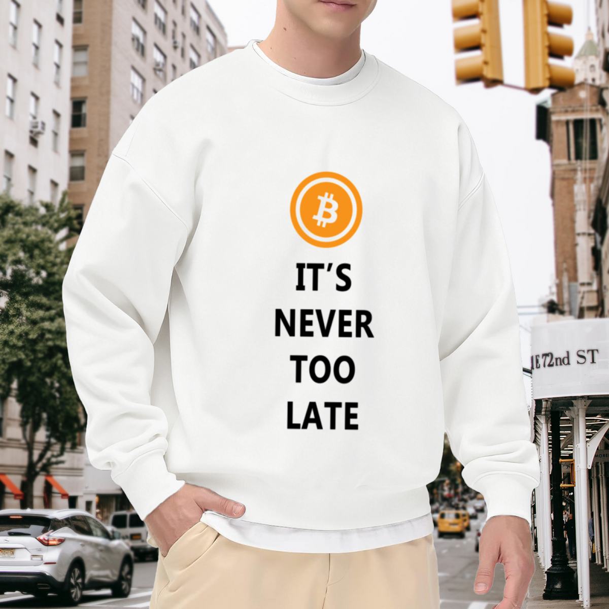 It's Never Too Late Bitcoin Logo Motivational Crewneck Sweatshirt | Crypto Investor Pullover, BTC Gift