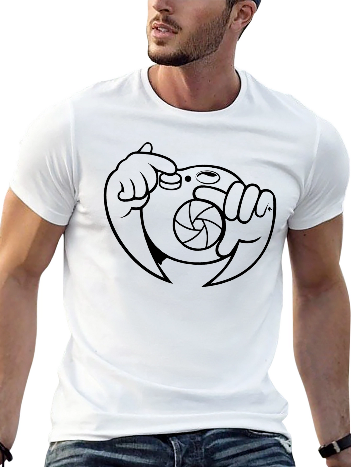 Cartoon Camera Graphic Tee - Black Cotton Blend