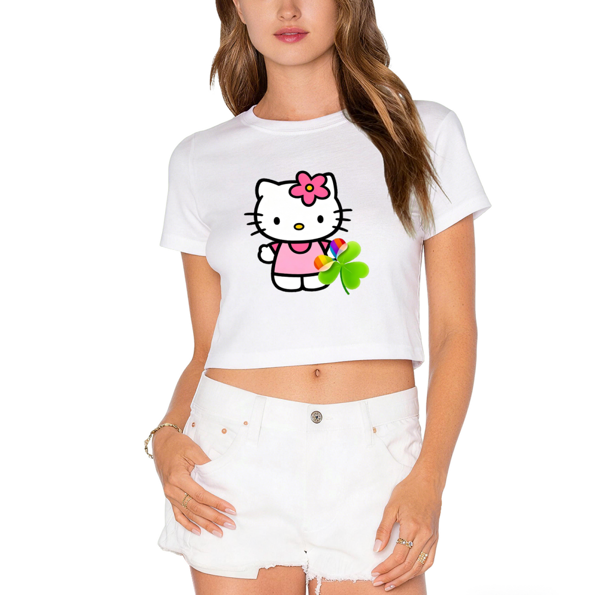 Cute Flower Hello Kitty White Cropped Top