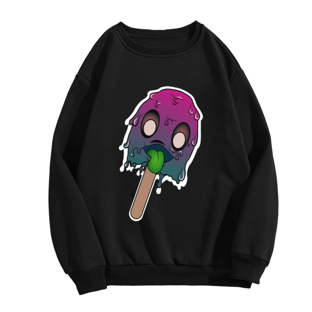 Melting Ghost Lollipop Sweatshirt | Psychedelic Cute Monster Graphic Crewneck, Colorful Drip Art Pullover Top, Halloween Candy Gift