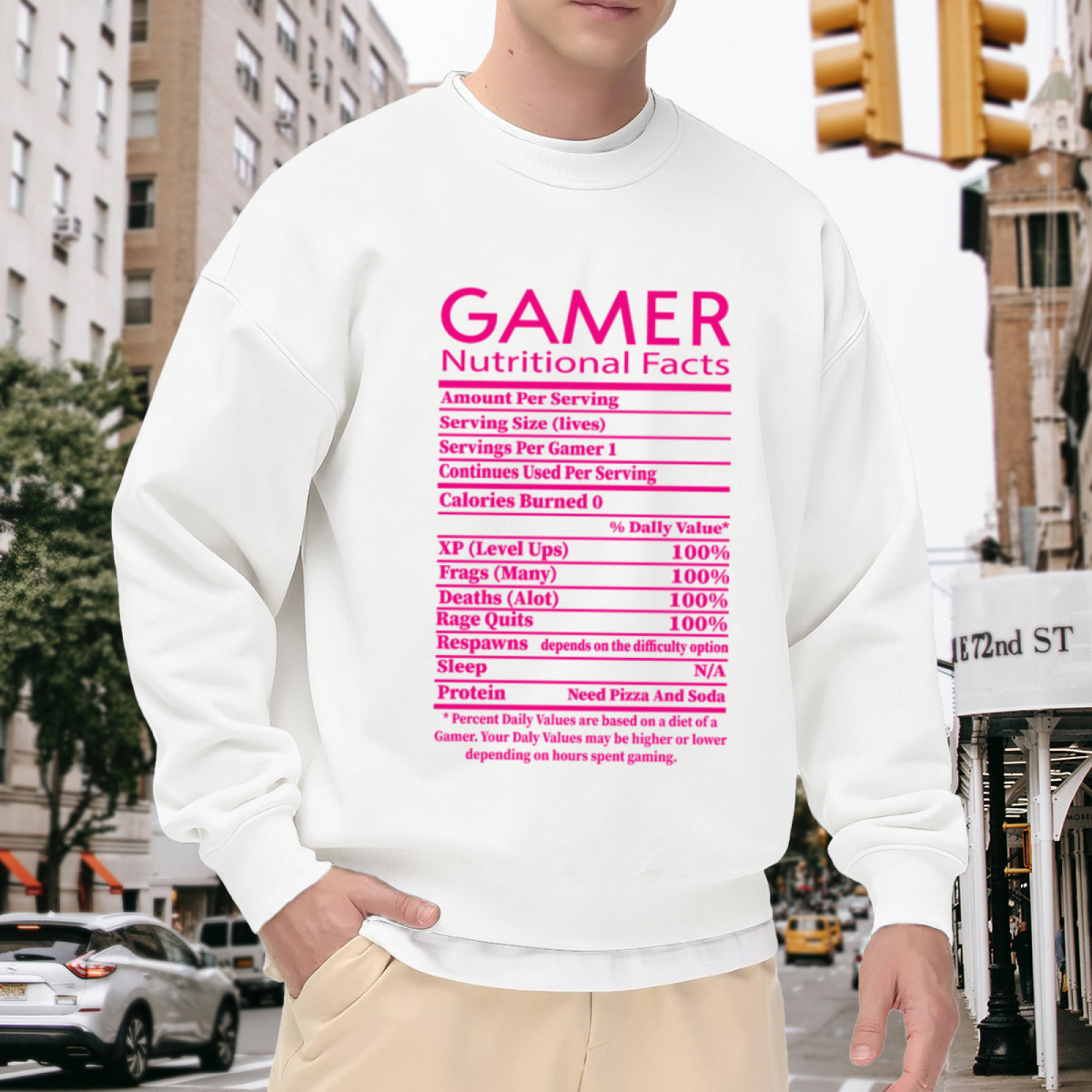 Gamer Nutritional Facts Funny Label Parody Crewneck Sweatshirt | Video Game Humor Pullover, Gamer Gift