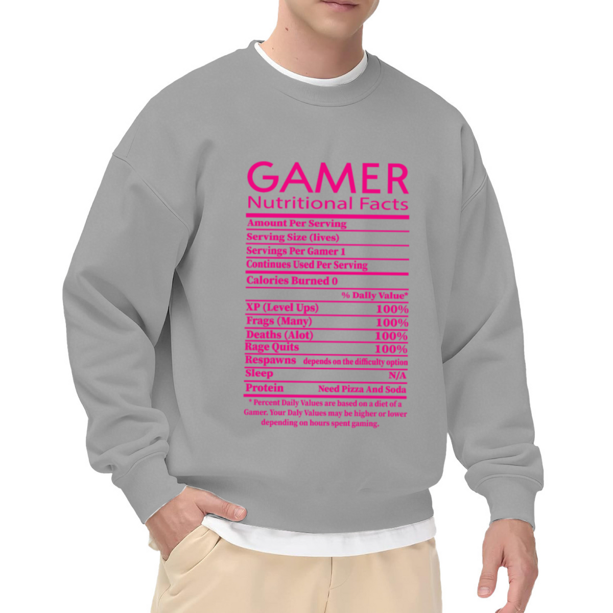 Gamer Nutritional Facts Funny Label Parody Crewneck Sweatshirt | Video Game Humor Pullover, Gamer Gift