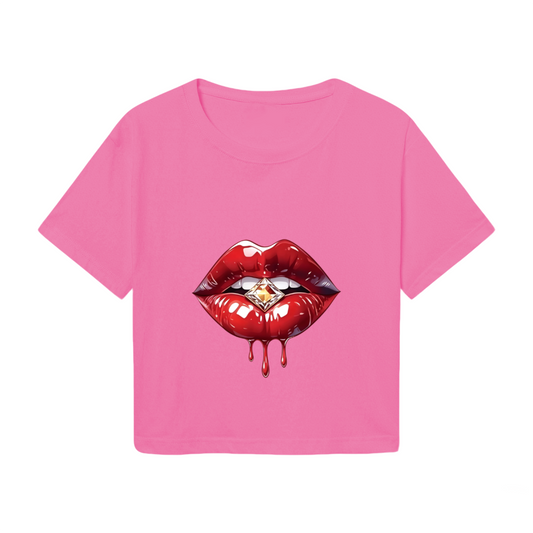 Juicy Dripping Diamond Red Lips Glam Pink Crop Top