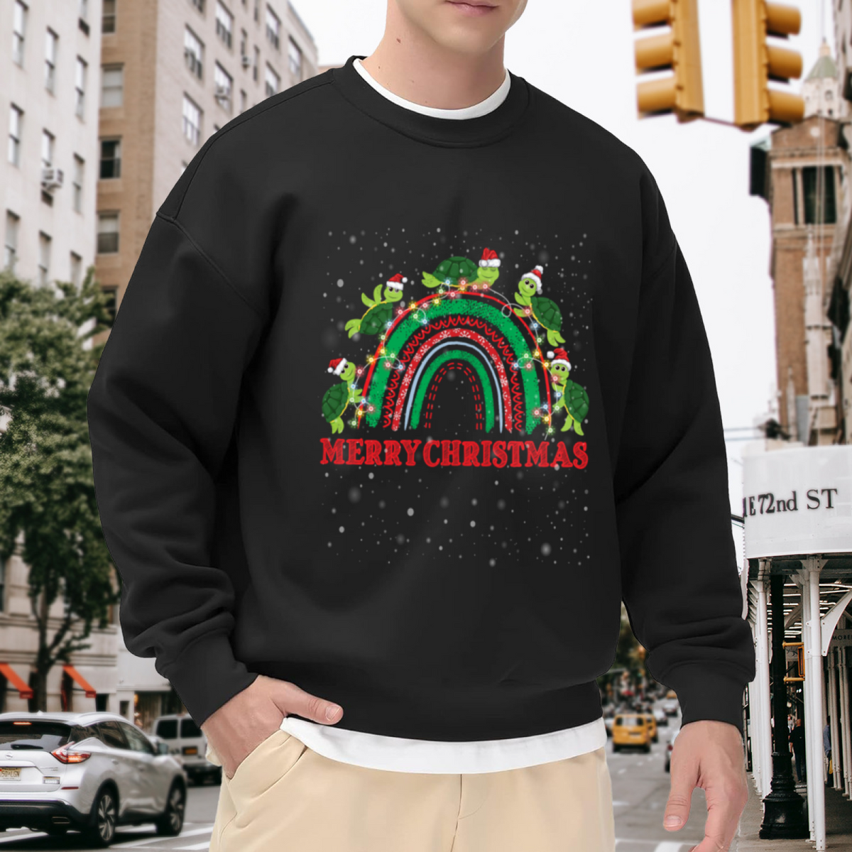 Merry Christmas Santa Hat Turtles Rainbow Crewneck Sweatshirt | Funny Festive Turtle Holiday Graphic Pullover, Christmas Gift