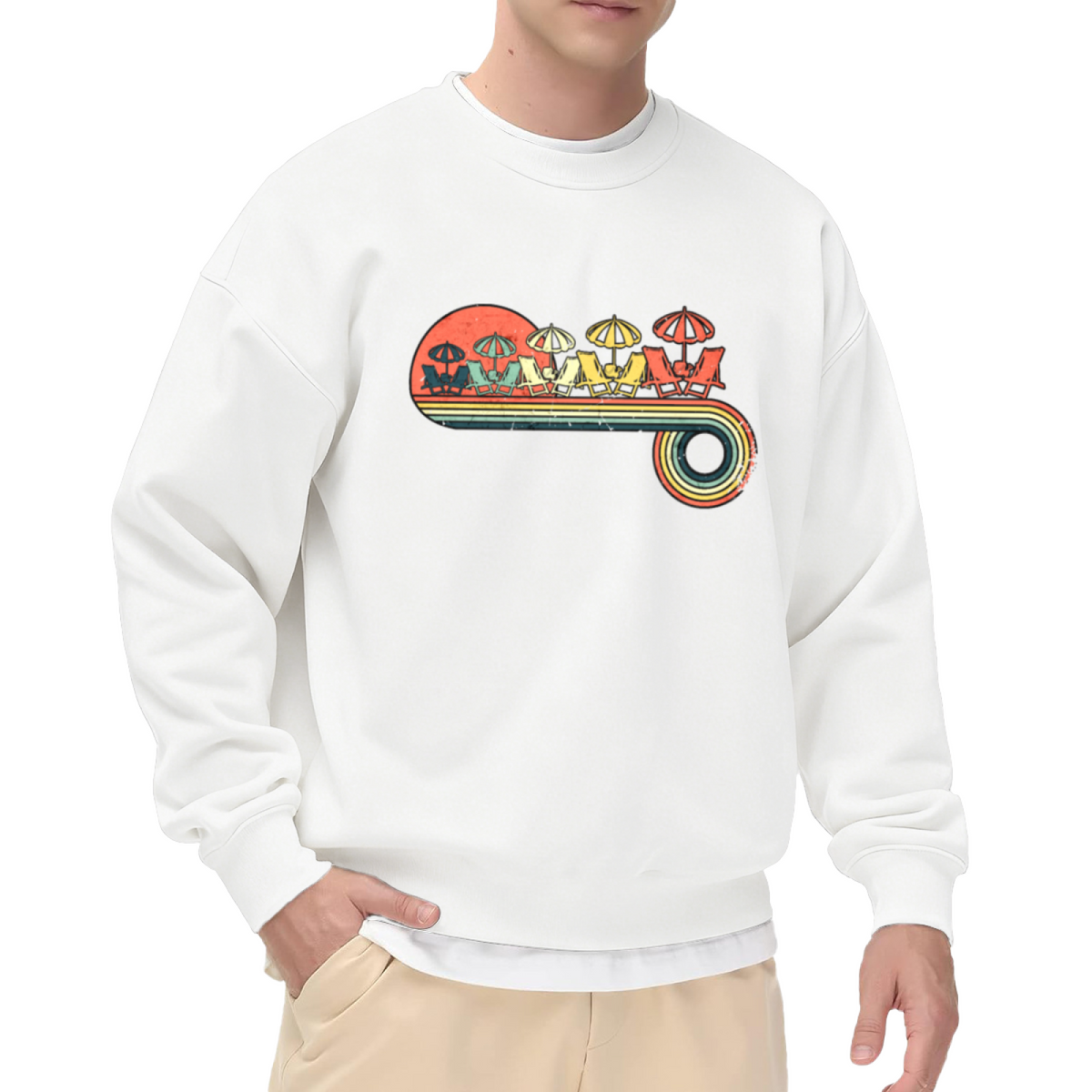 Retro Beach Chairs Summer Crewneck Sweatshirt, Vintage Beach Umbrella Pullover, Vacation Gift