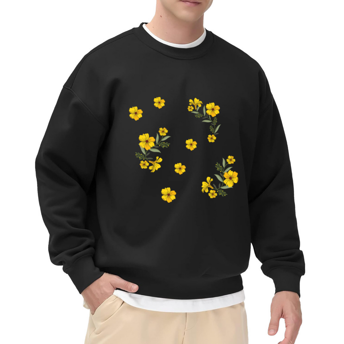 Cheerful Scattered Yellow Wildflower Bouquets & Single Blooms Print Crewneck Sweatshirt for Casual Everyday Wear