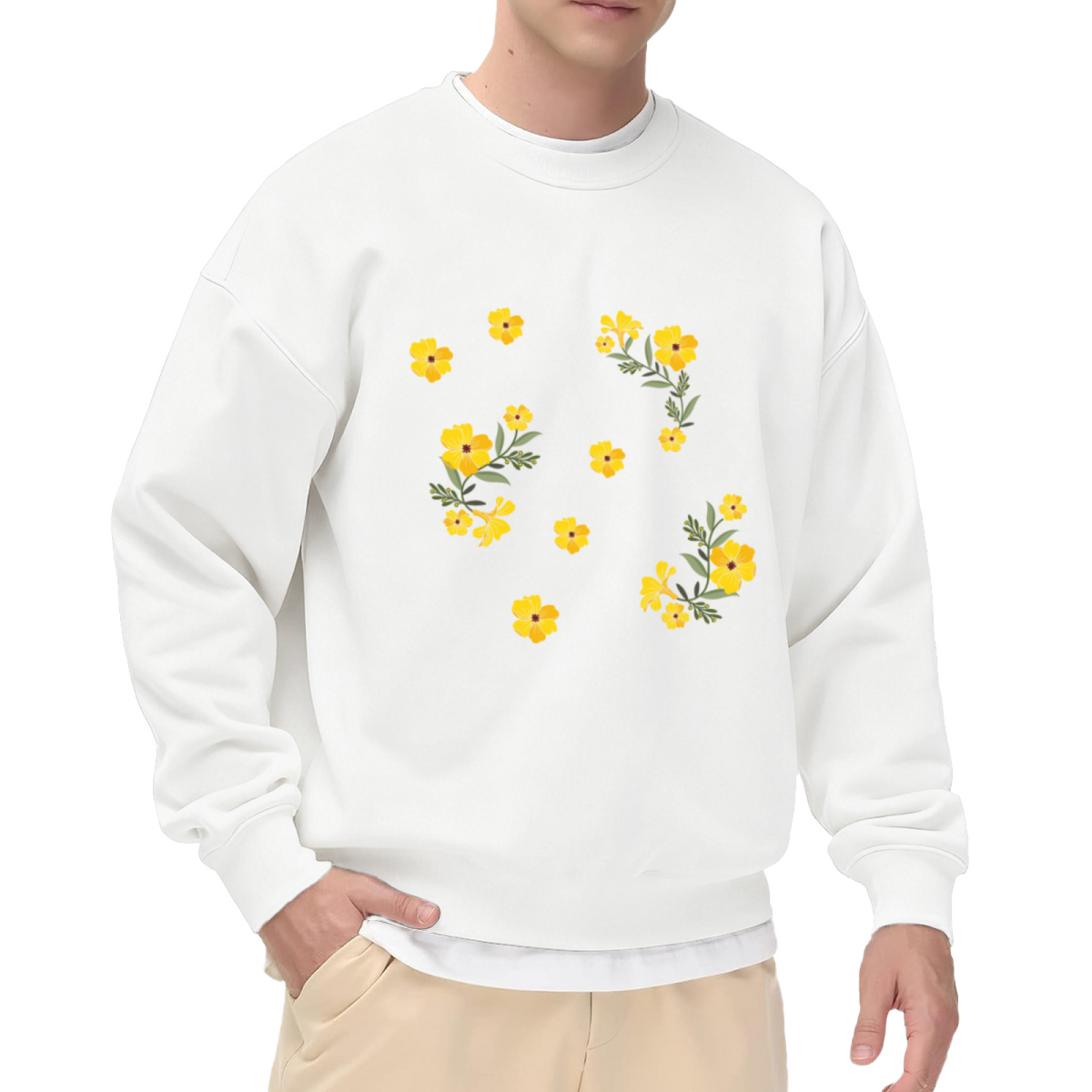 Cheerful Scattered Yellow Wildflower Bouquets & Single Blooms Print Crewneck Sweatshirt for Casual Everyday Wear