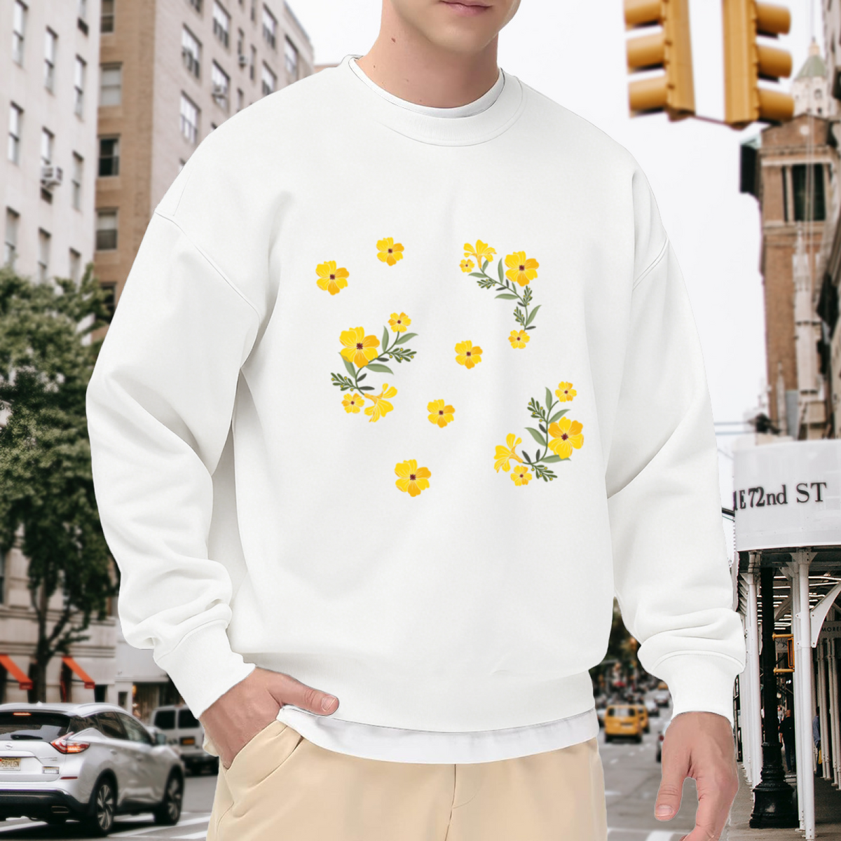 Cheerful Scattered Yellow Wildflower Bouquets & Single Blooms Print Crewneck Sweatshirt for Casual Everyday Wear