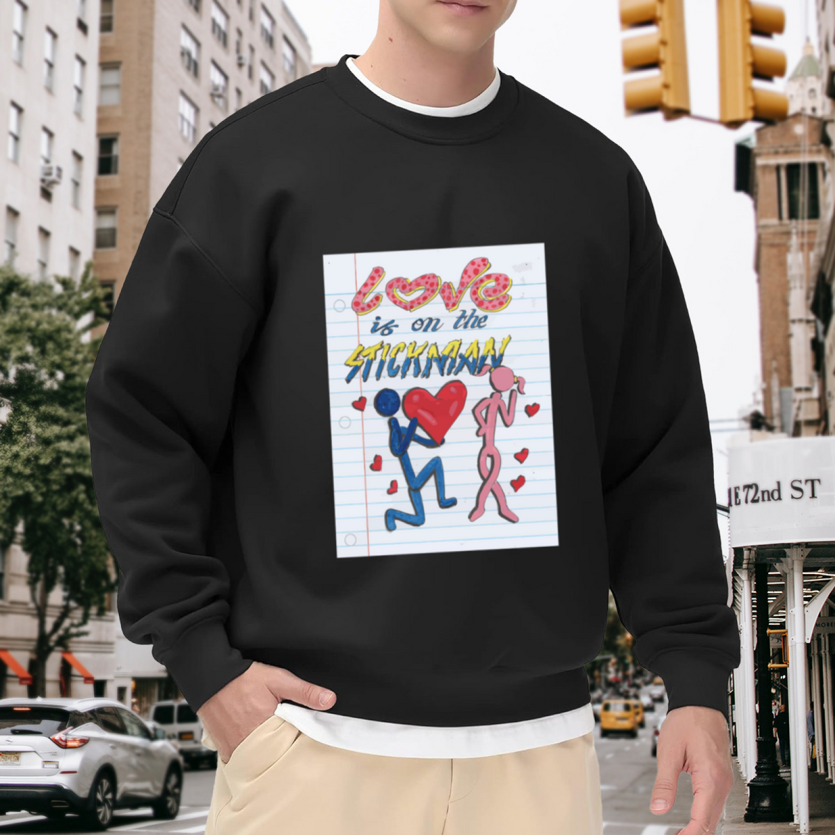 Love Is On The Stickman Stick Figure Proposal Crewneck Sweatshirt | Cute Notebook Doodle Romance Pullover, Valentine's Day Gift