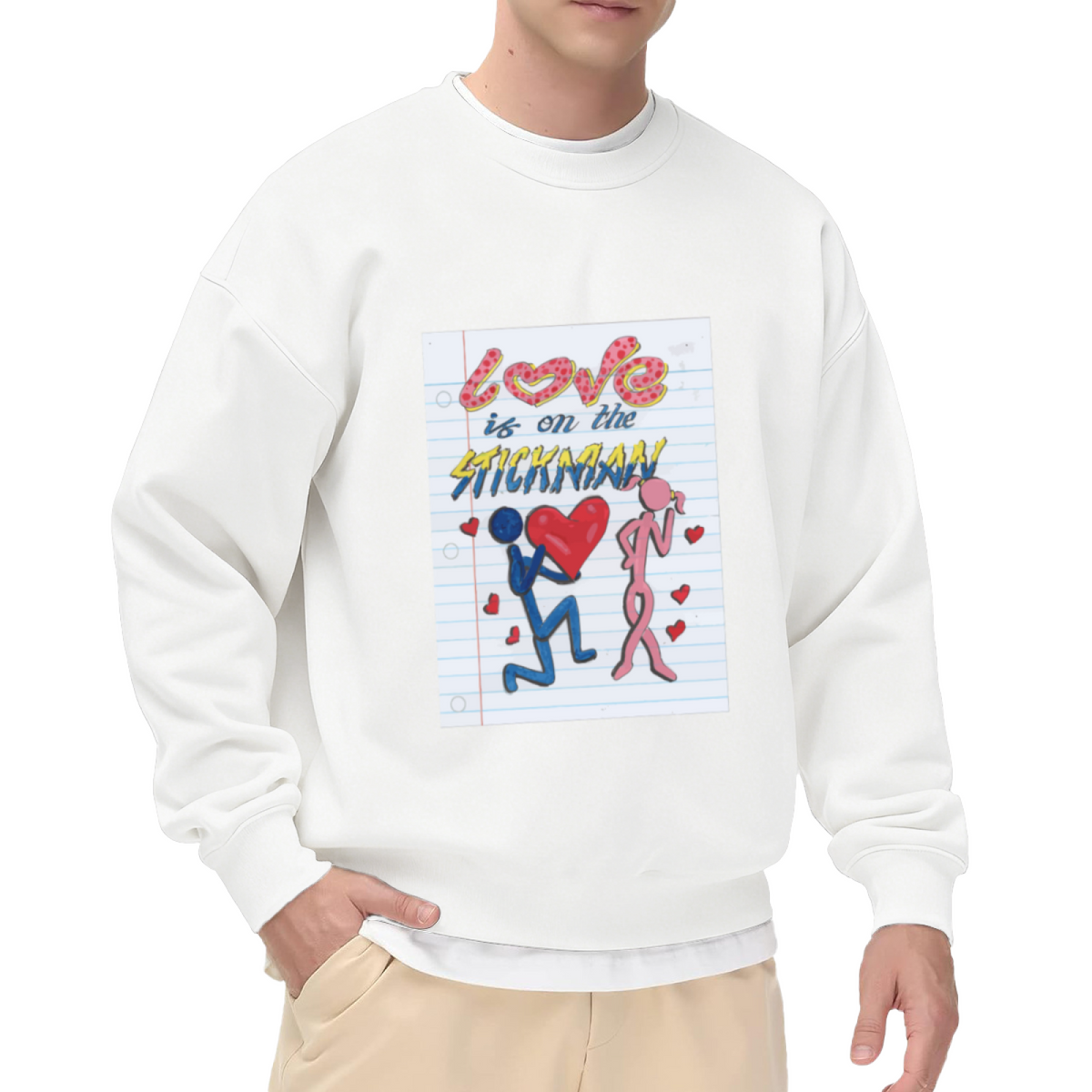 Love Is On The Stickman Stick Figure Proposal Crewneck Sweatshirt | Cute Notebook Doodle Romance Pullover, Valentine's Day Gift