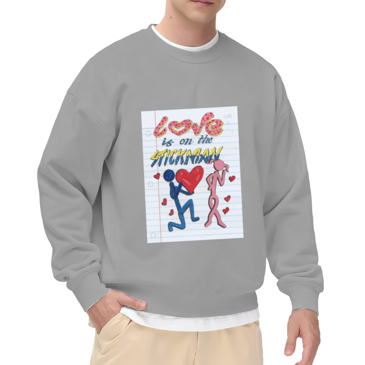 Love Is On The Stickman Stick Figure Proposal Crewneck Sweatshirt | Cute Notebook Doodle Romance Pullover, Valentine's Day Gift