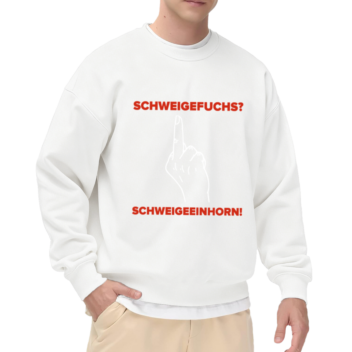 Schweigefuchs Schweigeeinhorn German Meme Crewneck Sweatshirt | Shh Hand Gesture Humor Pullover (German Text)
