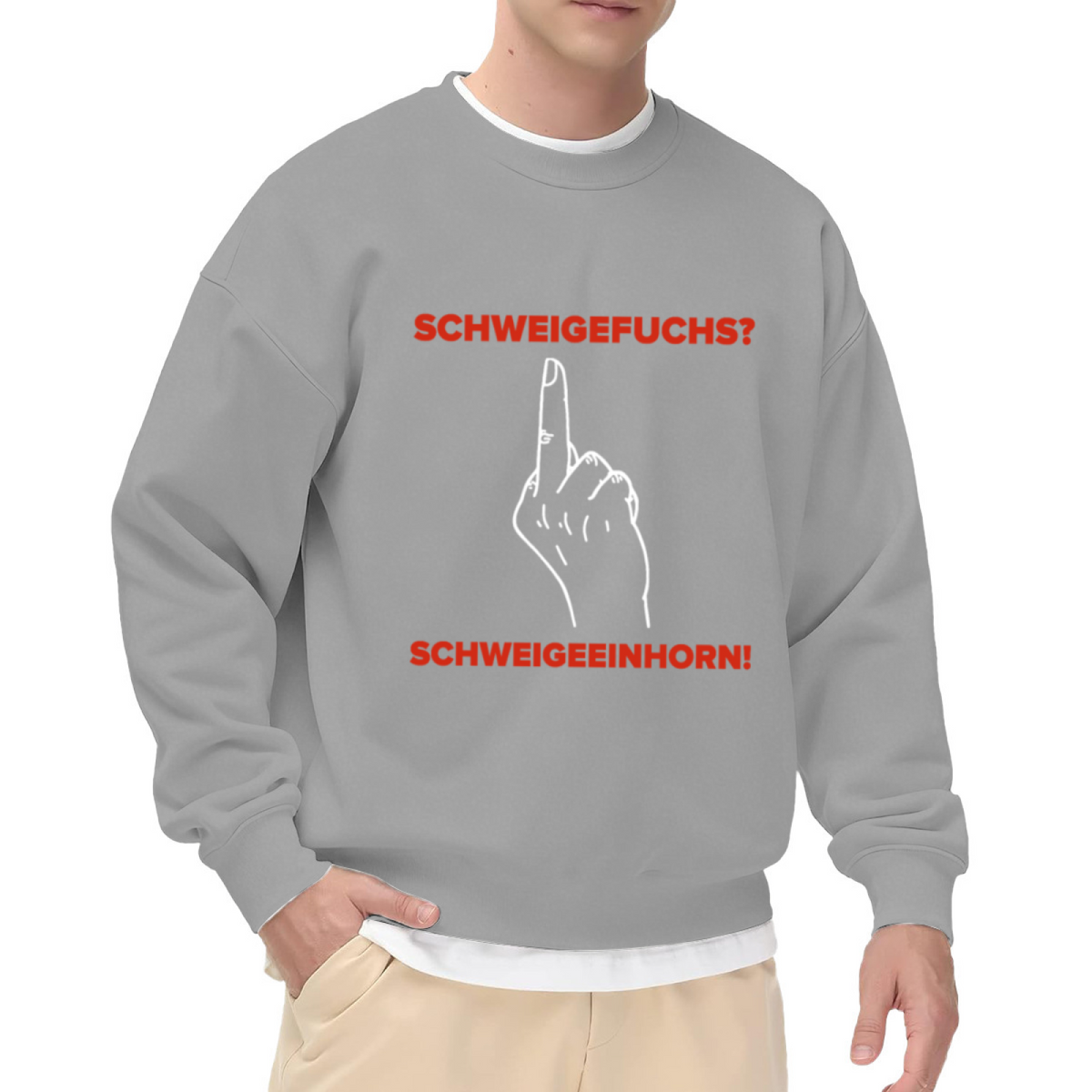 Schweigefuchs Schweigeeinhorn German Meme Crewneck Sweatshirt | Shh Hand Gesture Humor Pullover (German Text)