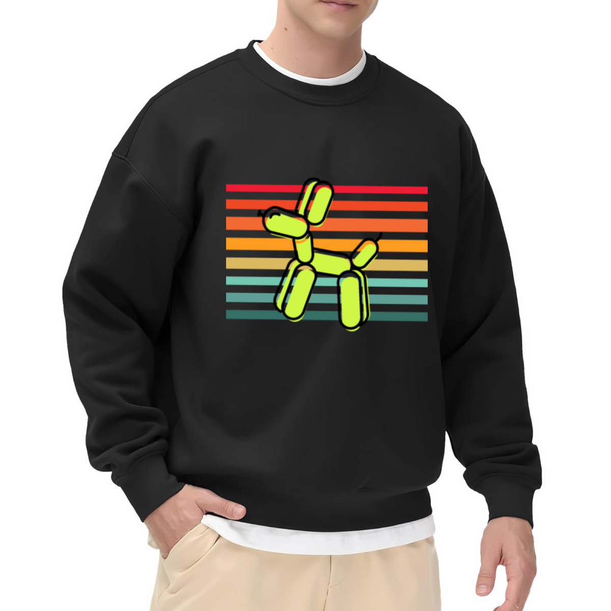 Balloon Dog Retro Stripes Sweatshirt | Colorful Balloon Animal Graphic Crewneck, Pop Art Pullover Top, Fun Gift for Kids Men Women