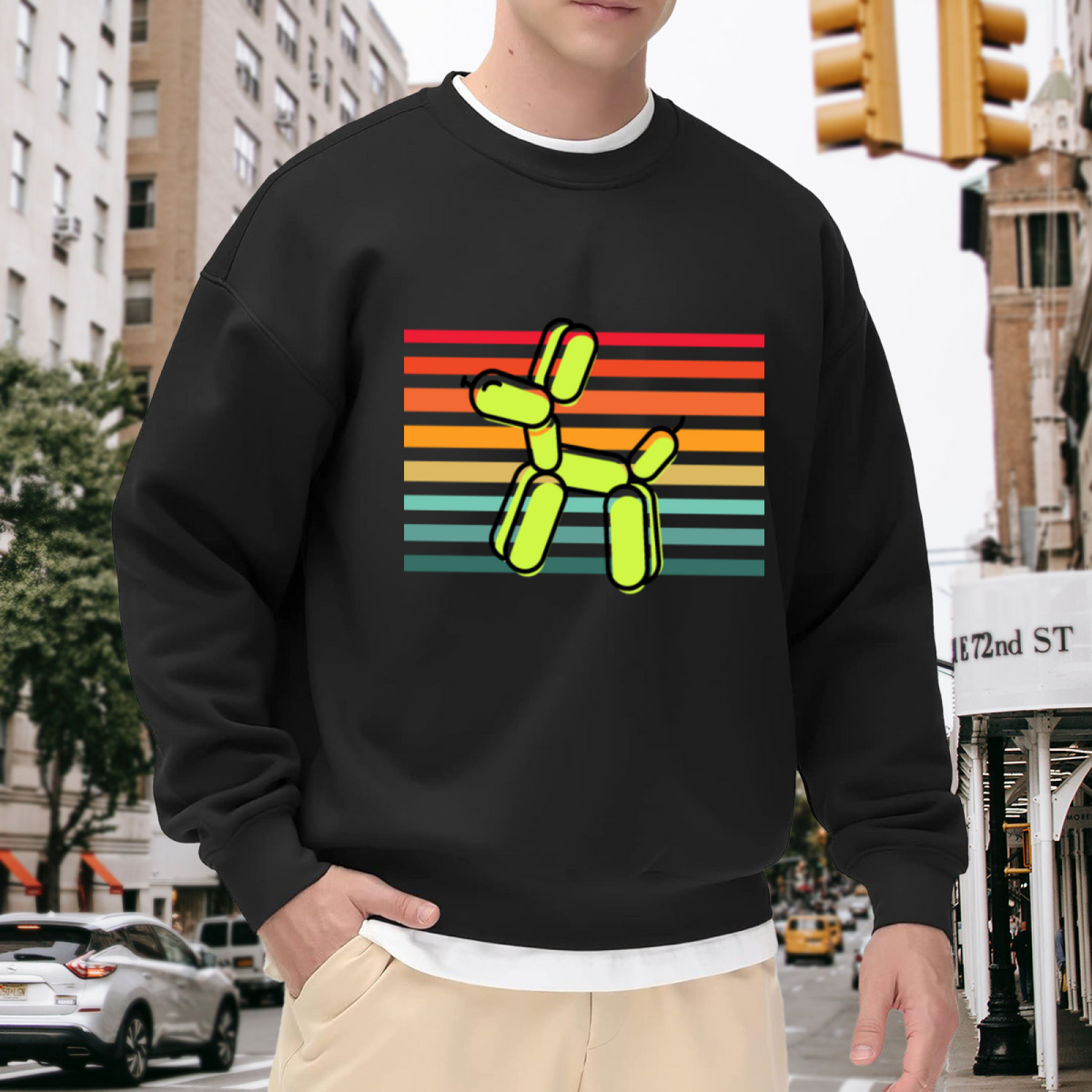 Balloon Dog Retro Stripes Sweatshirt | Colorful Balloon Animal Graphic Crewneck, Pop Art Pullover Top, Fun Gift for Kids Men Women