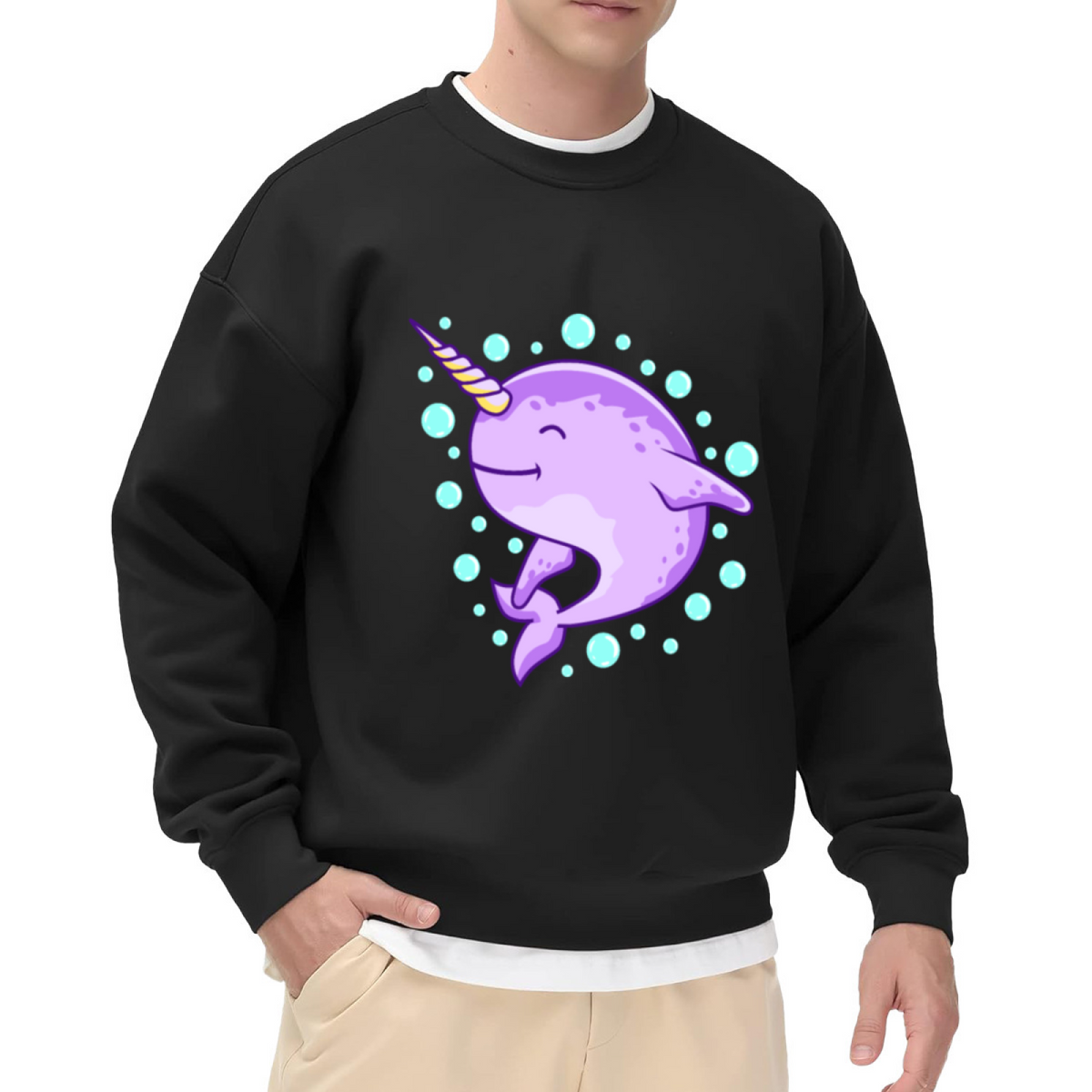 Cute Narwhal Bubbles Crewneck Sweatshirt | Whimsical Sea Creature Pullover, Playful Ocean Animal Graphic Top, Ocean Lover Gift