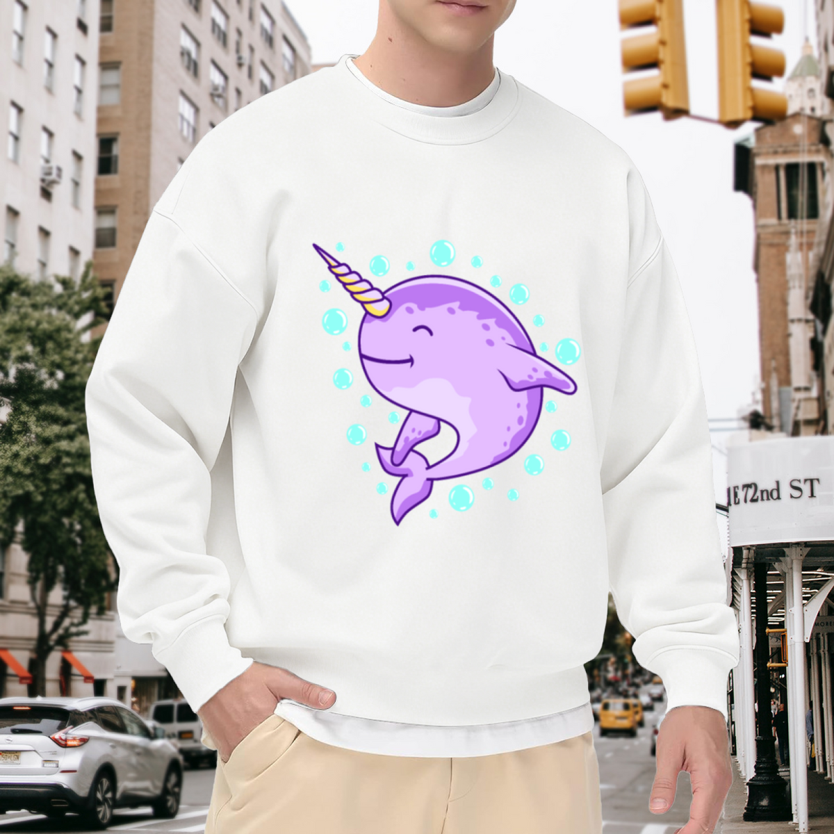 Cute Narwhal Bubbles Crewneck Sweatshirt | Whimsical Sea Creature Pullover, Playful Ocean Animal Graphic Top, Ocean Lover Gift