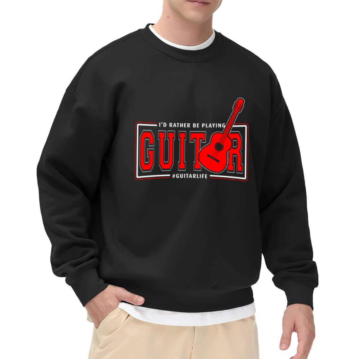 I'd Rather Be Playing Guitar Crewneck Sweatshirt - Red Guitar Music Lover Gift, Guitarist Pullover, Band Tee Top