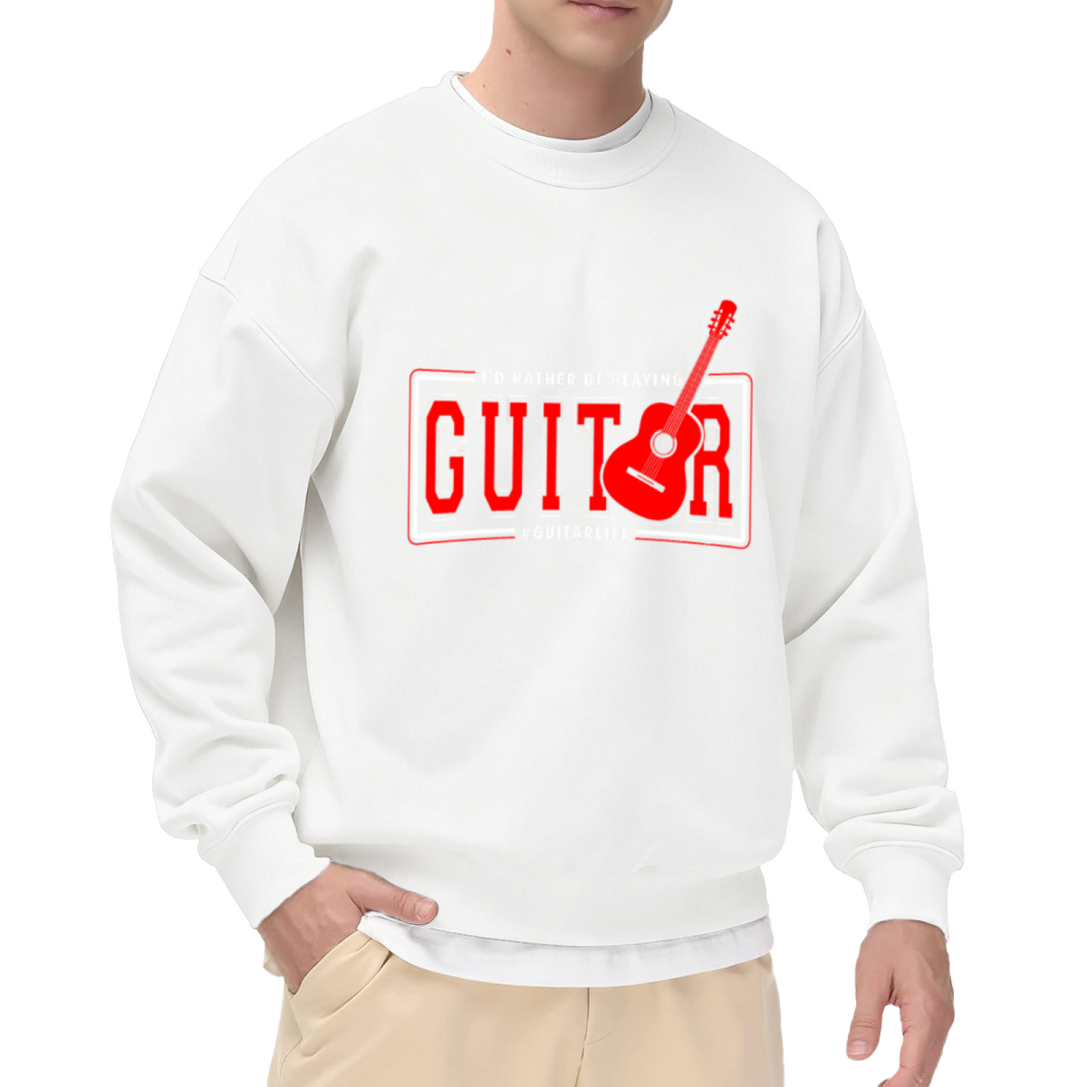 I'd Rather Be Playing Guitar Crewneck Sweatshirt - Red Guitar Music Lover Gift, Guitarist Pullover, Band Tee Top