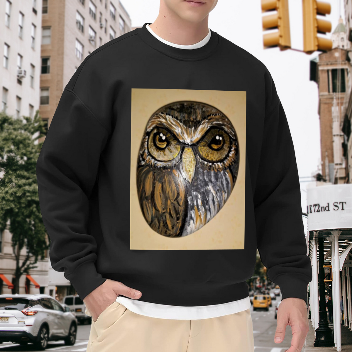 Realistic Owl Face Crewneck Sweatshirt, Wise Owl Bird Portrait Pullover, Wildlife Animal Art Gift