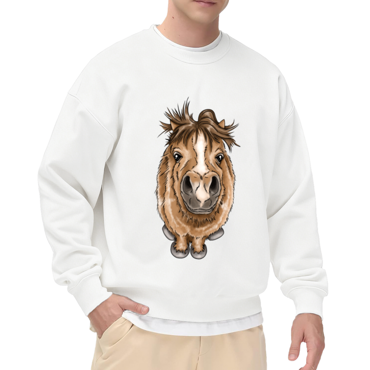 Goofy Big Head Pony Cartoon Crewneck Sweatshirt | Funny Fisheye Mini Horse Graphic Pullover, Horse Lover Gift