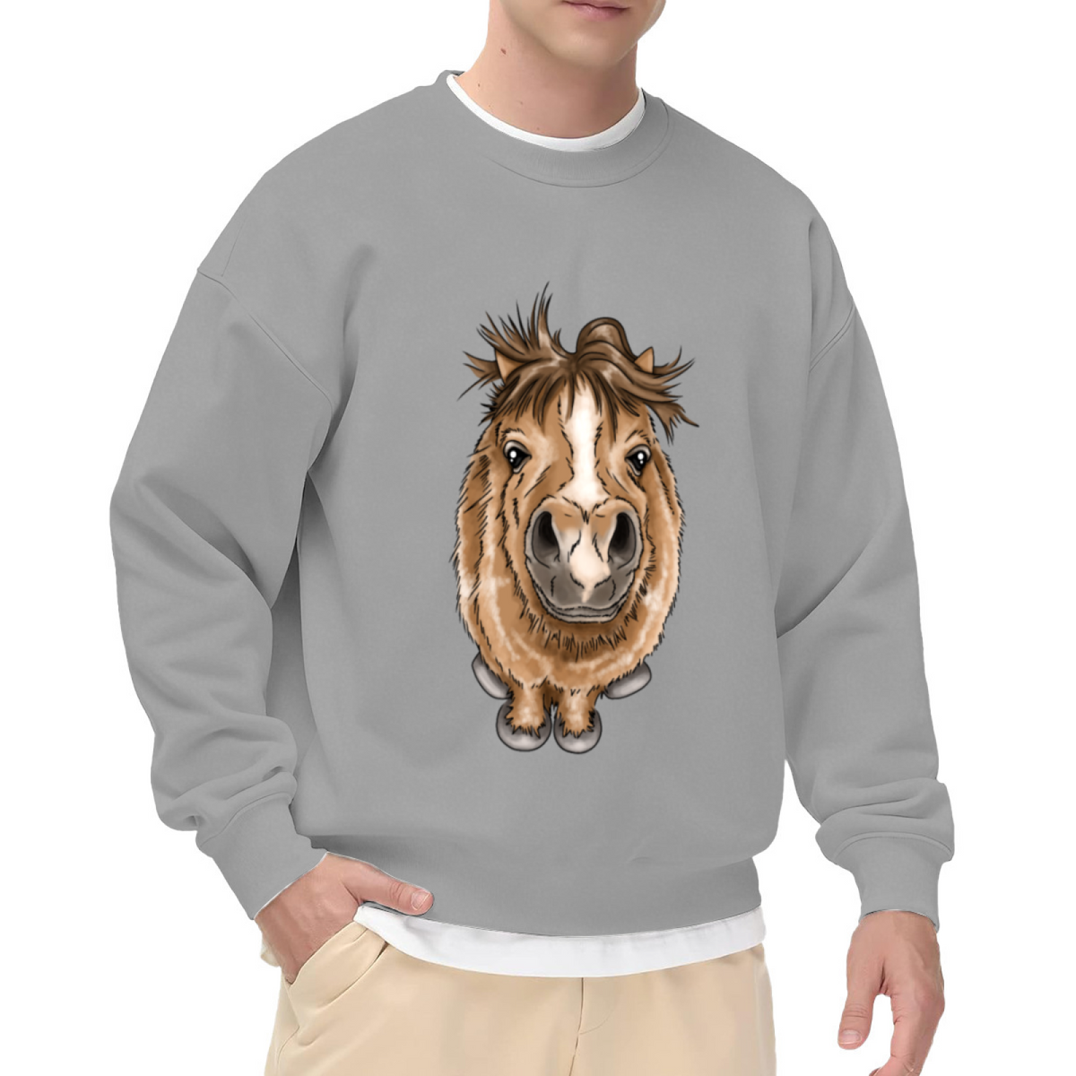 Goofy Big Head Pony Cartoon Crewneck Sweatshirt | Funny Fisheye Mini Horse Graphic Pullover, Horse Lover Gift