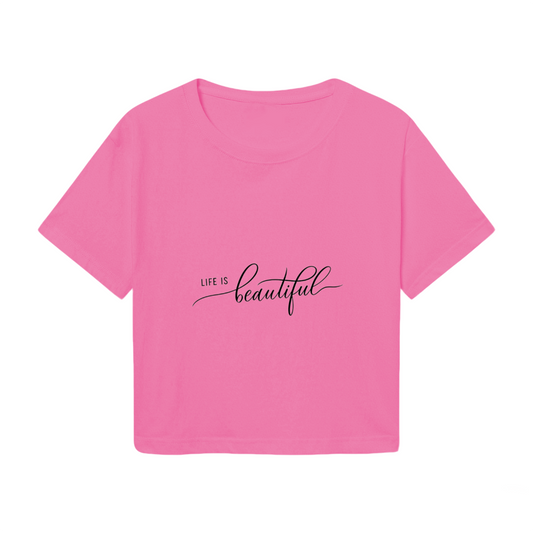 Life Is Beautiful Cursive Script Hot Pink Crop Top ¨C Positive Vibe Soft Girl Aesthetic Top
