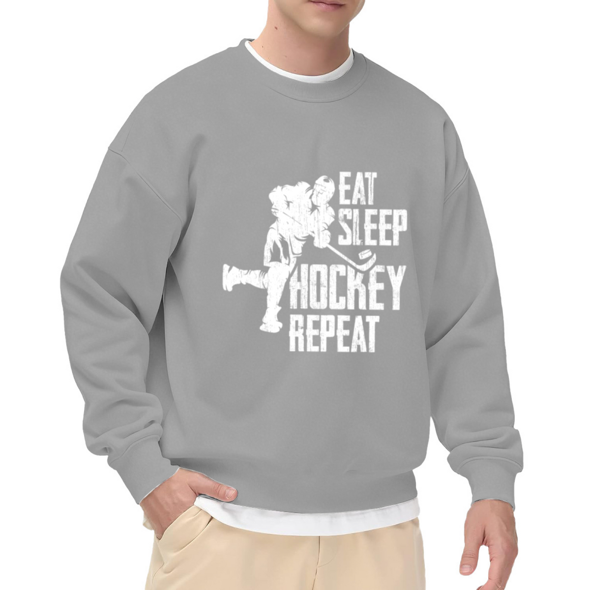 Eat Sleep Hockey Repeat Ice Hockey Player Crewneck Sweatshirt | Vintage Distressed Sports Pullover, Hockey Gift