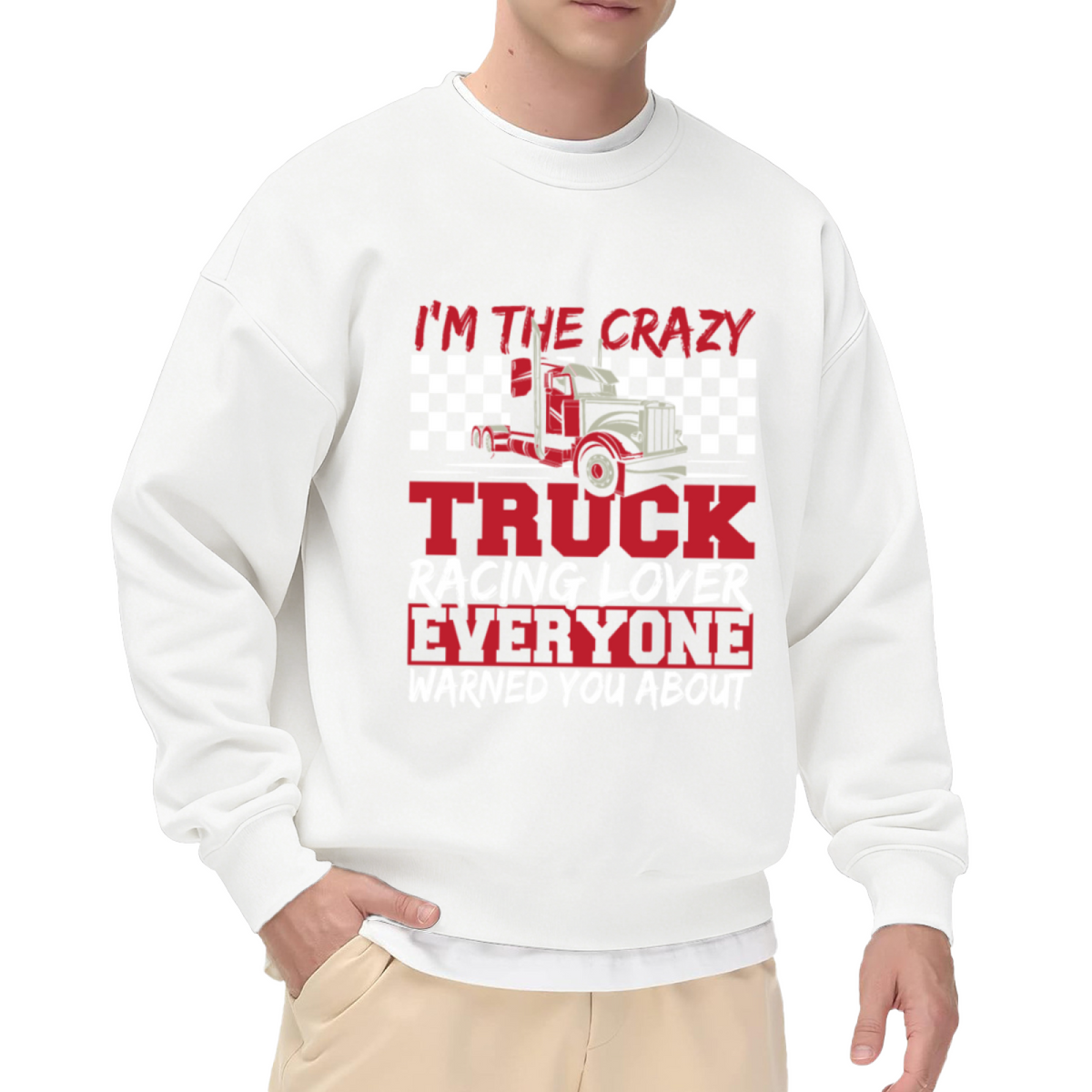 Crazy Truck Racing Lover Sweatshirt | Semi Truck Checkered Flag Graphic Crewneck, Vintage Racing Pullover Top, Trucker Gift for Men Women