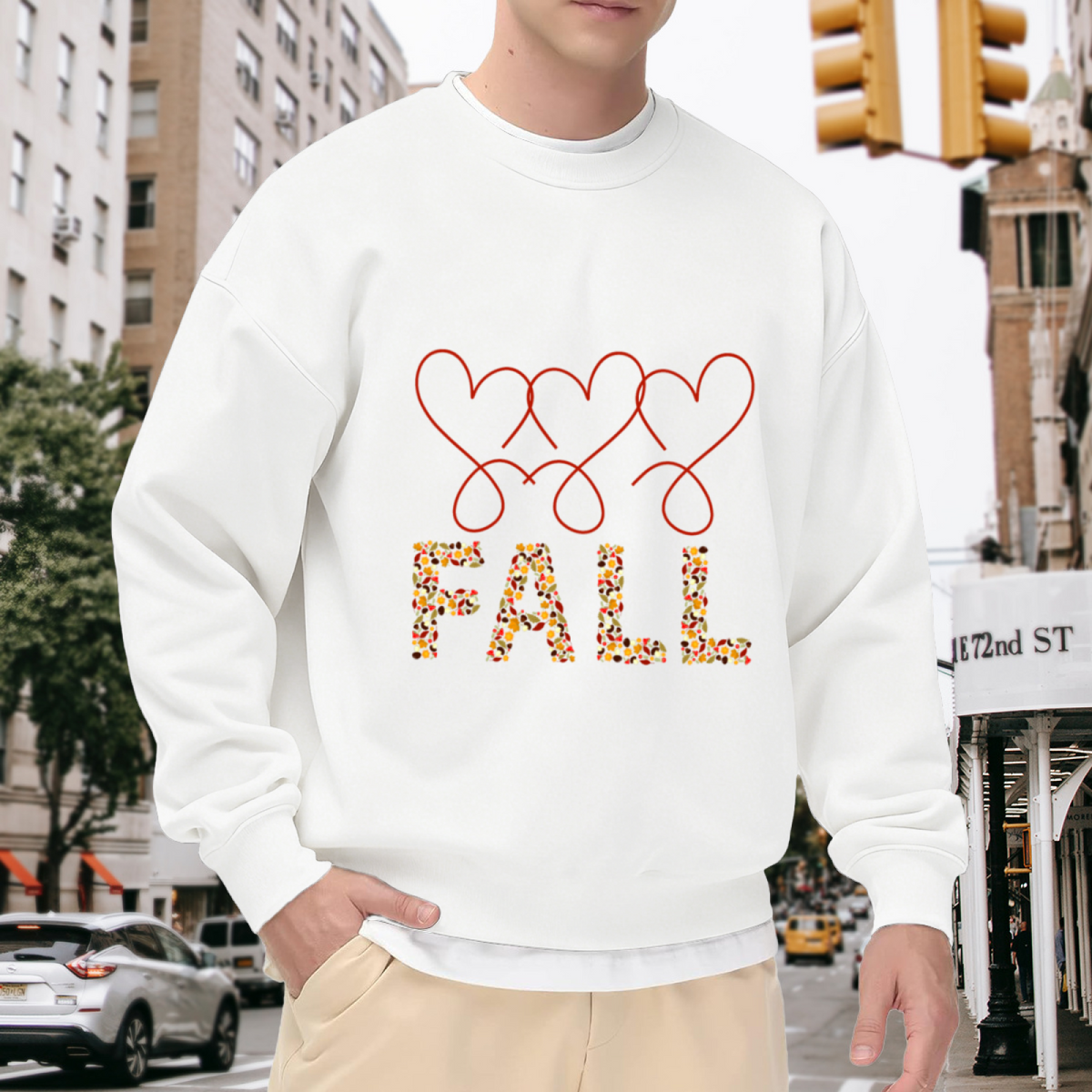 Fall Leaves And Hearts Crewneck Sweatshirt, Autumn Thanksgiving Graphic Pullover, Fall Season Gift