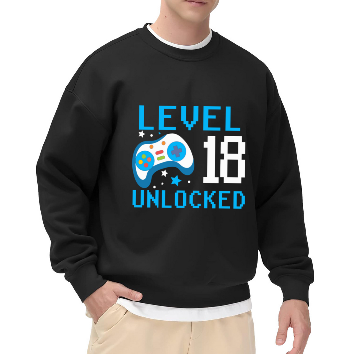 Level 18 Unlocked Pixel Crewneck Sweatshirt - 18th Birthday Gamer Gift, Retro 8-Bit Video Game Pullover
