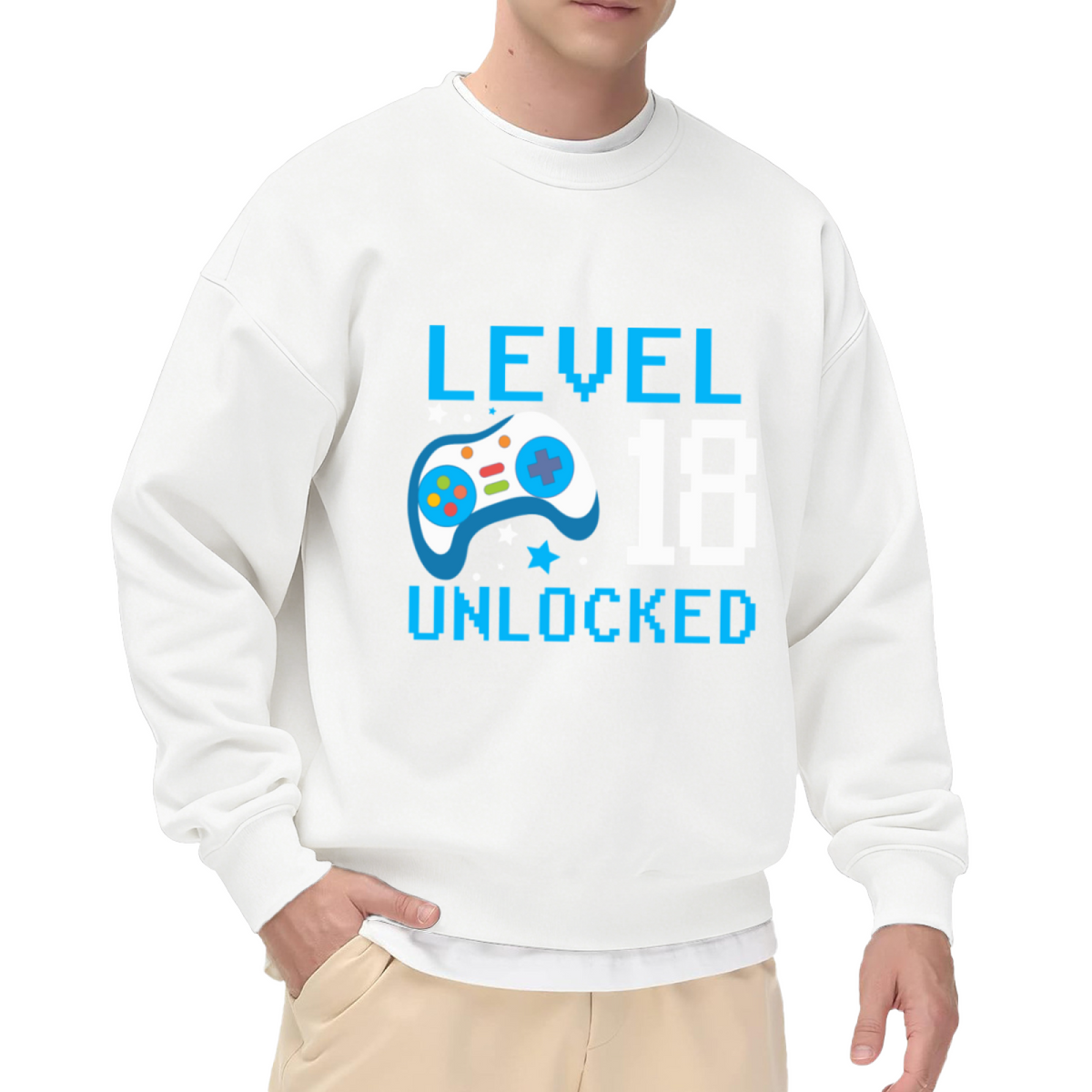 Level 18 Unlocked Pixel Crewneck Sweatshirt - 18th Birthday Gamer Gift, Retro 8-Bit Video Game Pullover