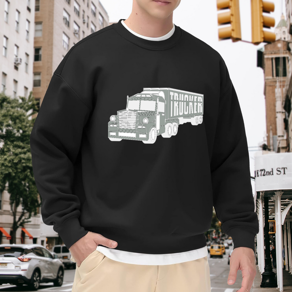 Trucker Semi Truck Line Art Crewneck Sweatshirt | Vintage Big Rig Trucker Graphic Pullover, Trucker Gift
