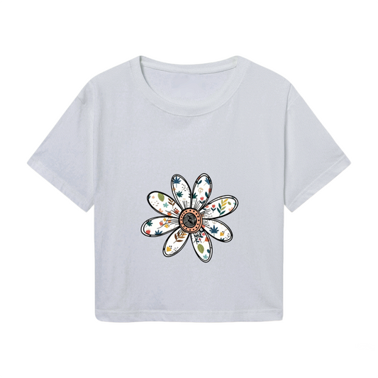 Hand-Drawn Boho Floral Daisy Soft Grey Crop Top