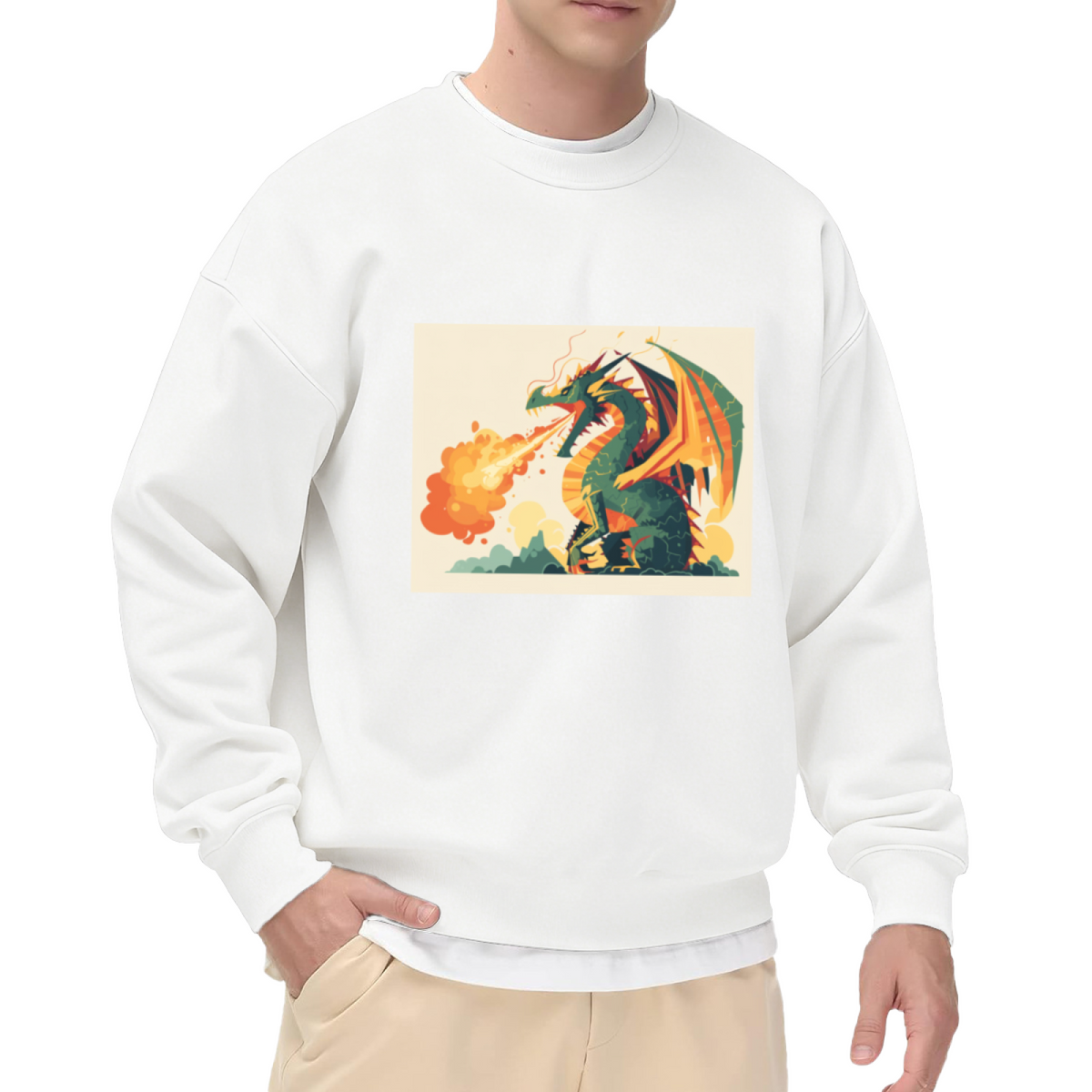 Fire Breathing Dragon Vintage Crewneck Sweatshirt, Mythical Beast Fantasy Pullover, Dragon Gift