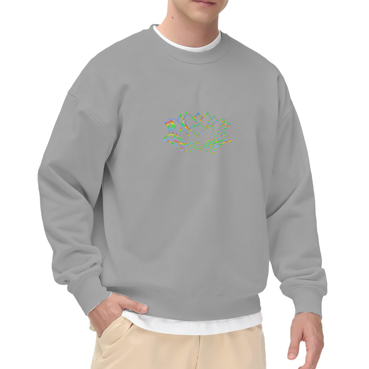 Rainbow Lotus Flower Crewneck Sweatshirt, Minimalist Line Art Pullover, Spiritual Yoga Gift